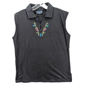 Fire Studio Sleeveless Top Womens Large Embroidered Floral Black Goth Cotton NEW